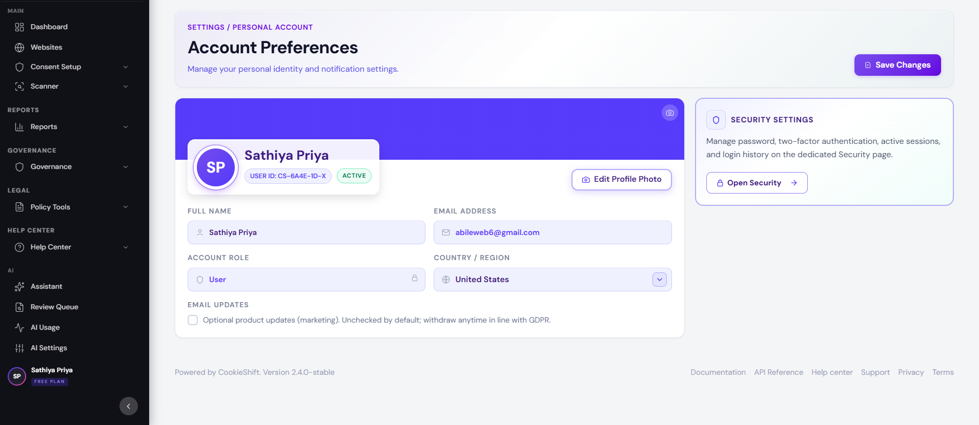 Account — profile and workspace account settings