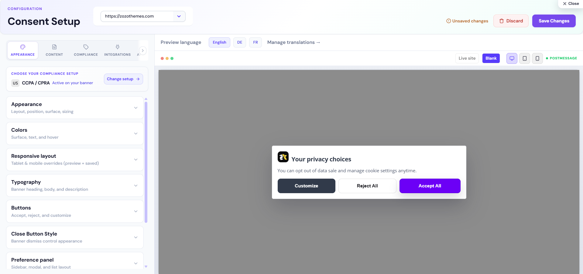 Consent Setup — CCPA / CPRA banner with Accept, Reject, and Customize