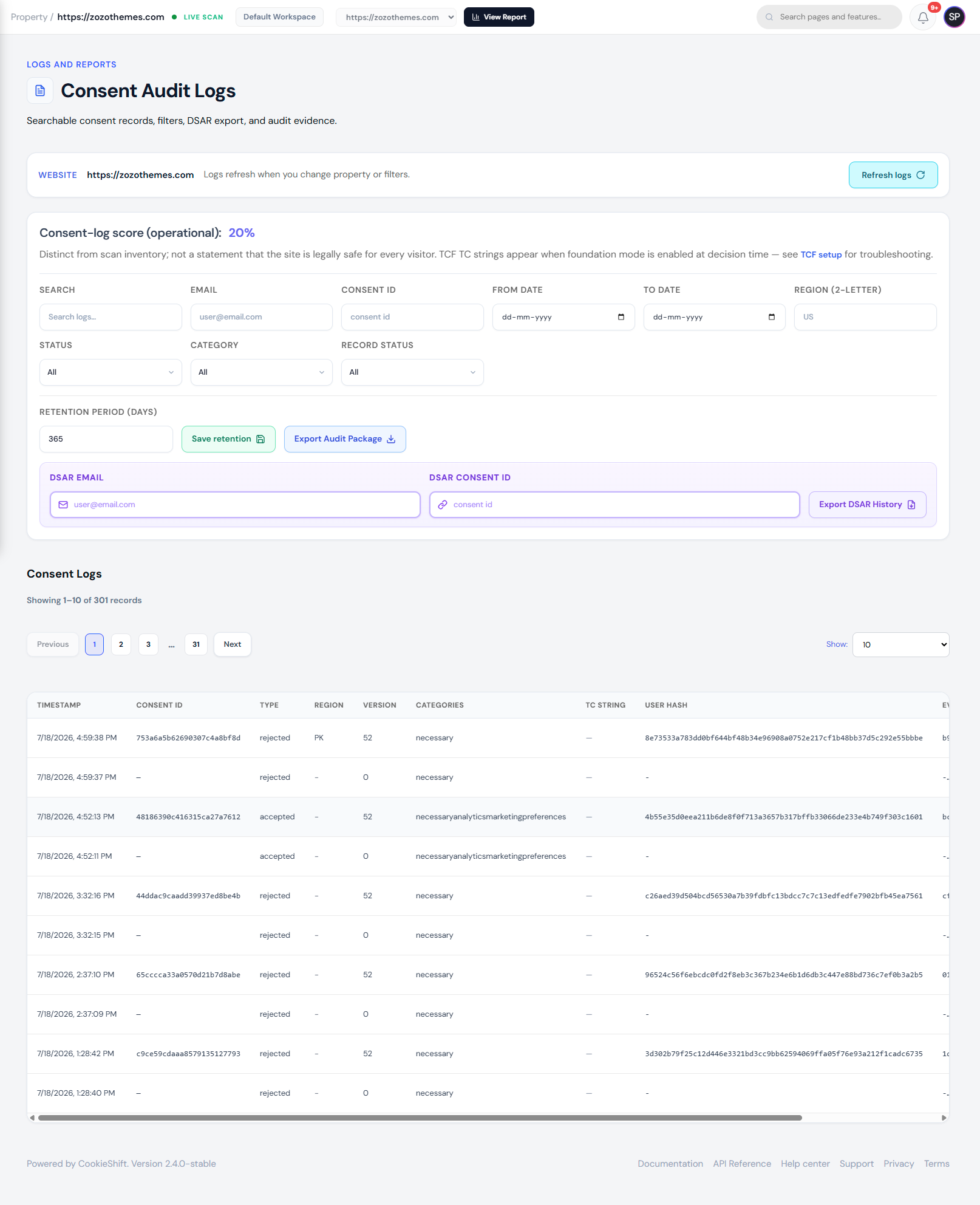 Consent Audit Logs — searchable records, filters, and DSAR export