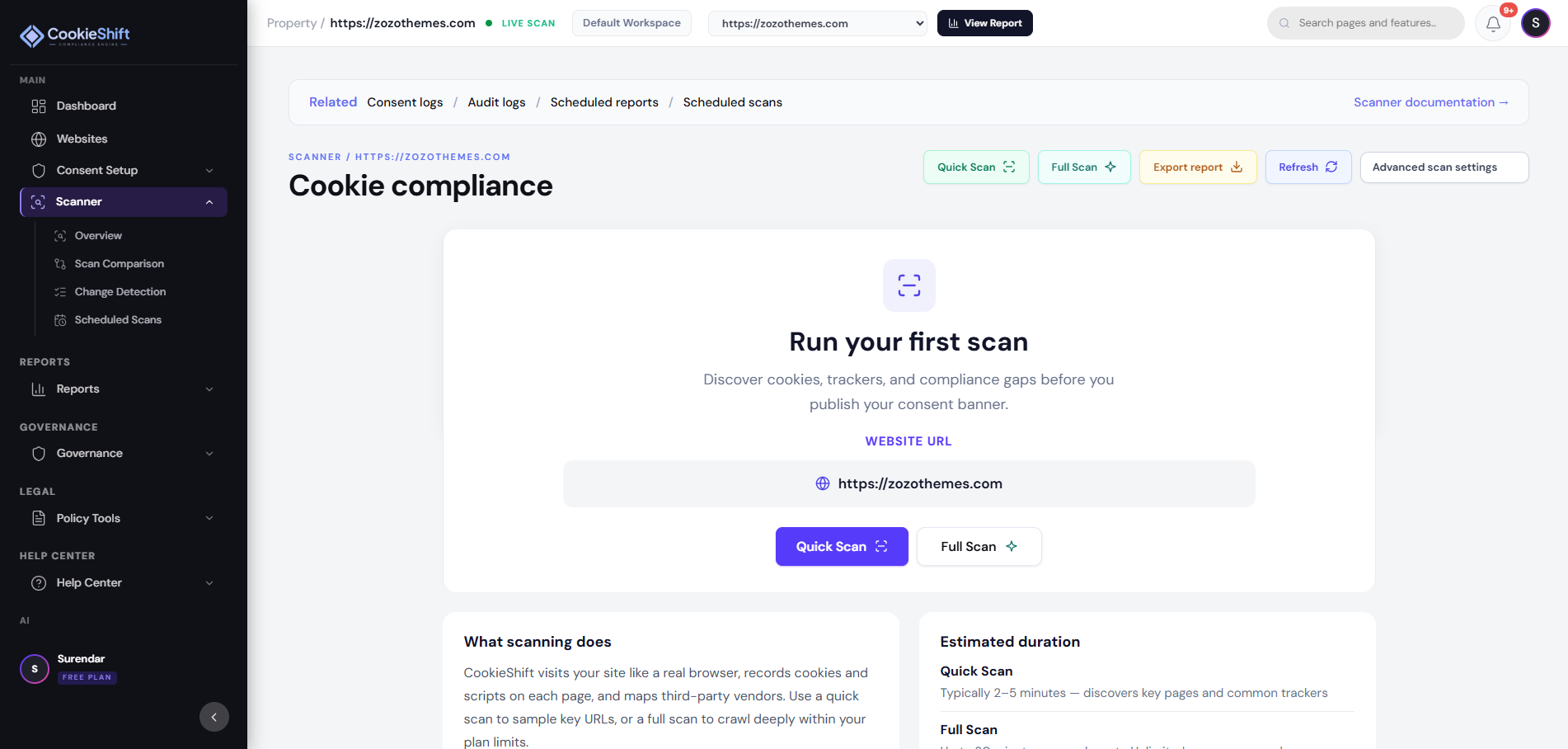 Scanner — Cookie compliance page ready to run a Quick or Full scan