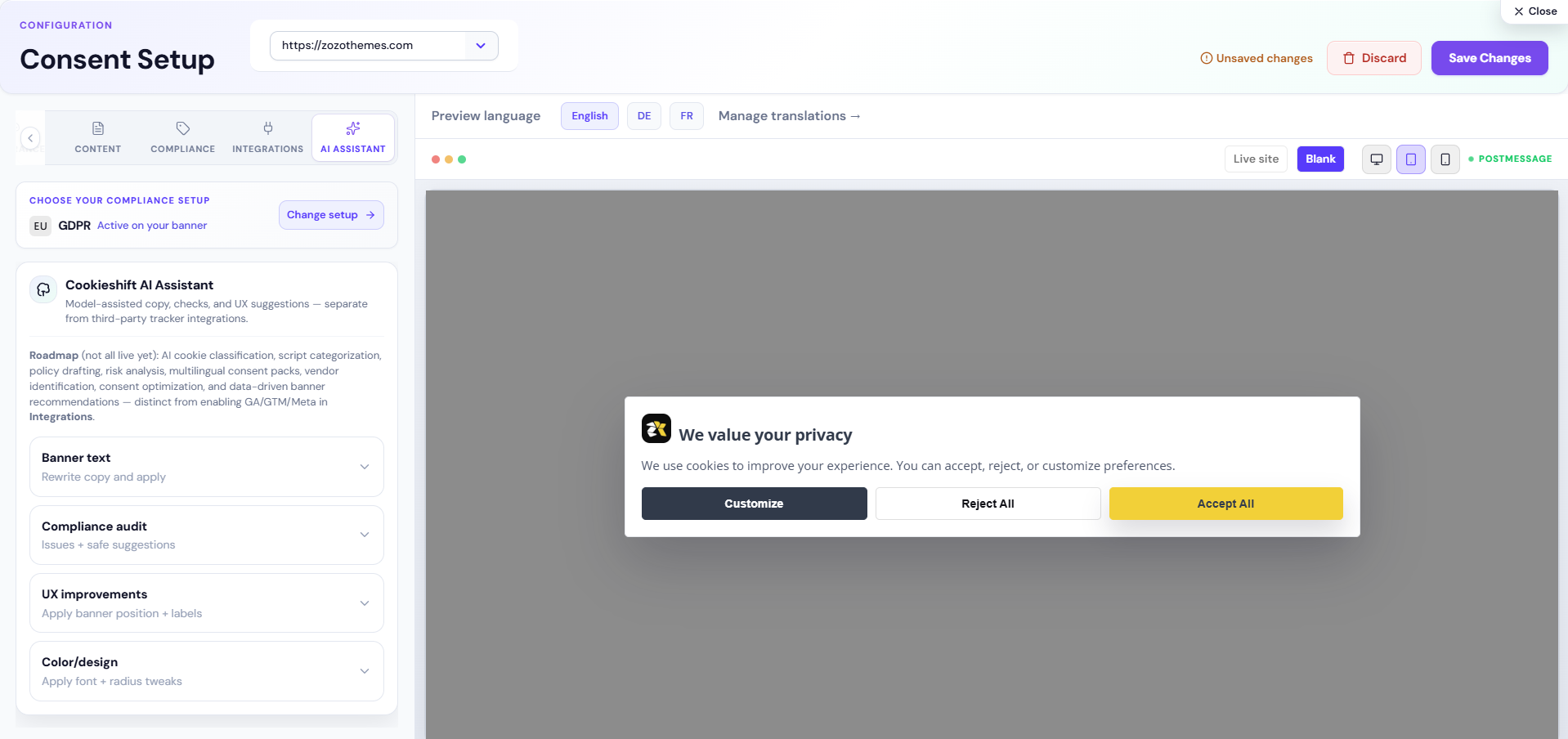 Consent Setup — AI Assistant tab with banner text and UX tools