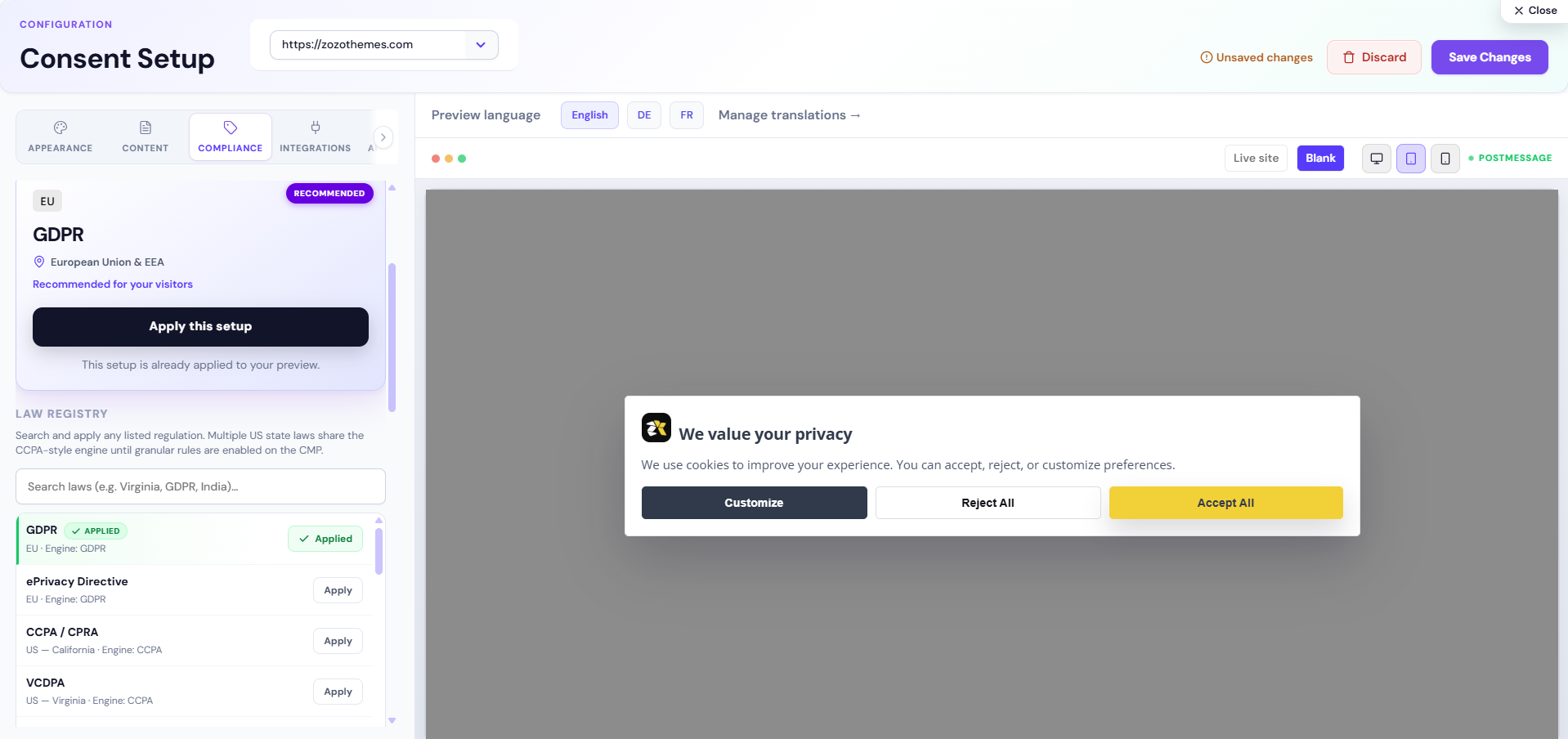 Consent Setup — Compliance tab for law, geo, and consent behavior Consent Setup — Compliance tab for law, geo, and consent behavior