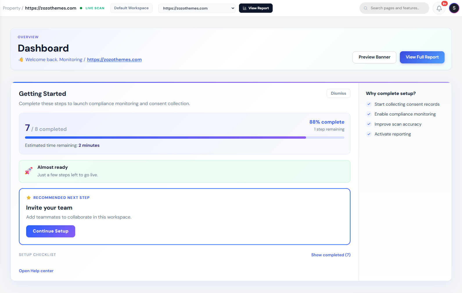Dashboard overview after your first property is connected
