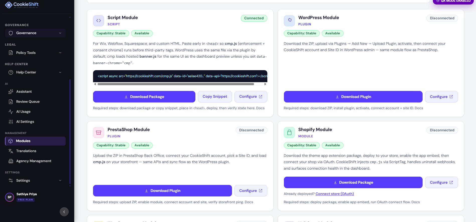 Modules — Script, WordPress, PrestaShop, and Shopify connection cards