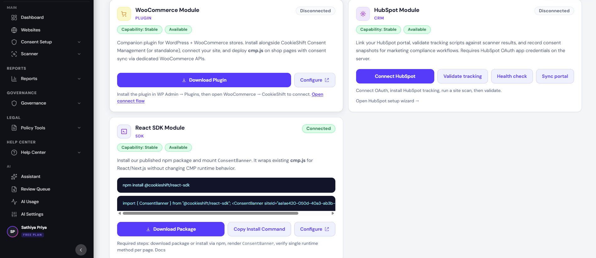 Modules — React SDK install commands and ConsentBanner snippet Modules — React SDK install commands and ConsentBanner snippet
